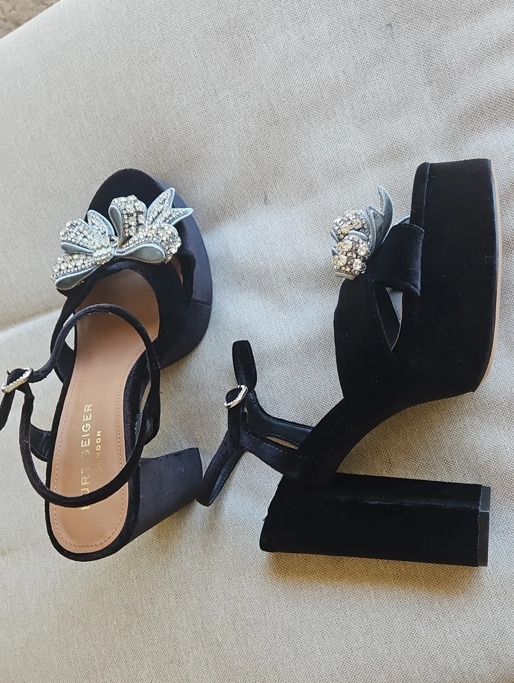 Kurt Geiger Black Velvet Bow Kensington Platform Sandal